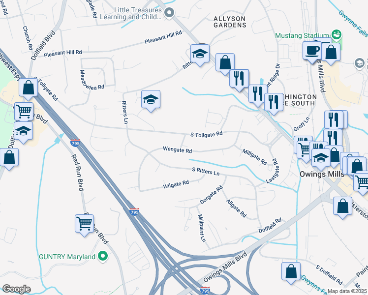 map of restaurants, bars, coffee shops, grocery stores, and more near 44 Wengate Road in Owings Mills