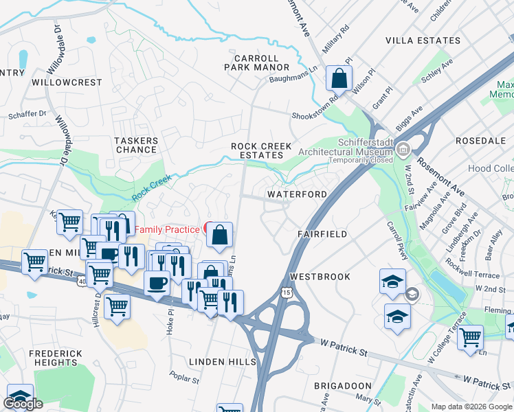 map of restaurants, bars, coffee shops, grocery stores, and more near 990 Waterford Drive in Frederick