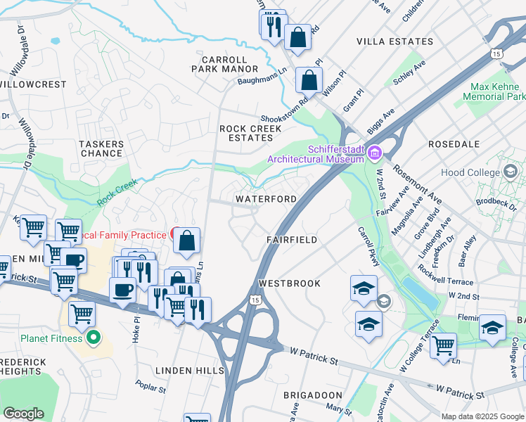 map of restaurants, bars, coffee shops, grocery stores, and more near 100 Alessandra Court in Frederick