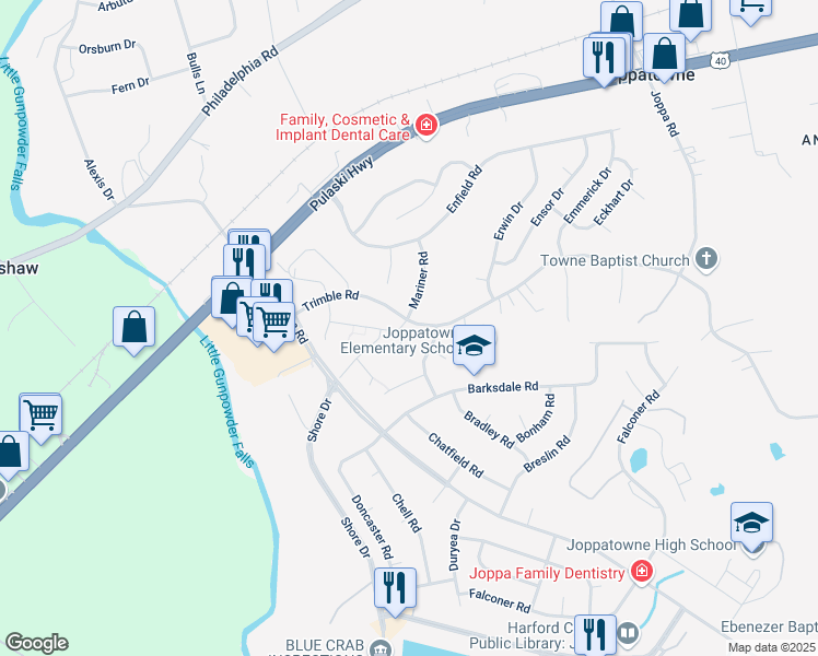 map of restaurants, bars, coffee shops, grocery stores, and more near 383 Ellsworth Place in Harford County