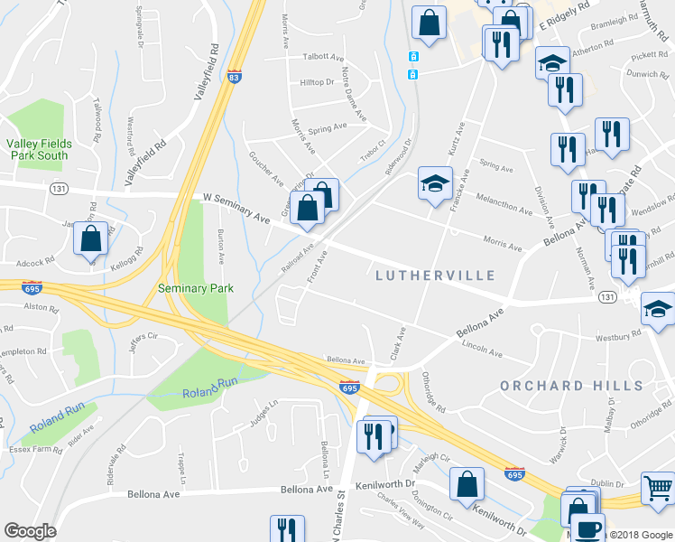 map of restaurants, bars, coffee shops, grocery stores, and more near 327 West Seminary Avenue in Lutherville-Timonium