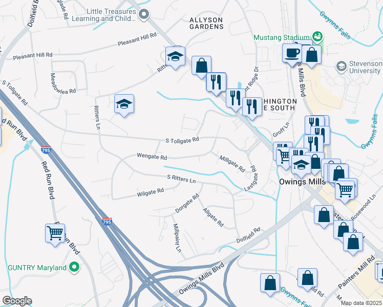 map of restaurants, bars, coffee shops, grocery stores, and more near 20 Wengate Road in Owings Mills