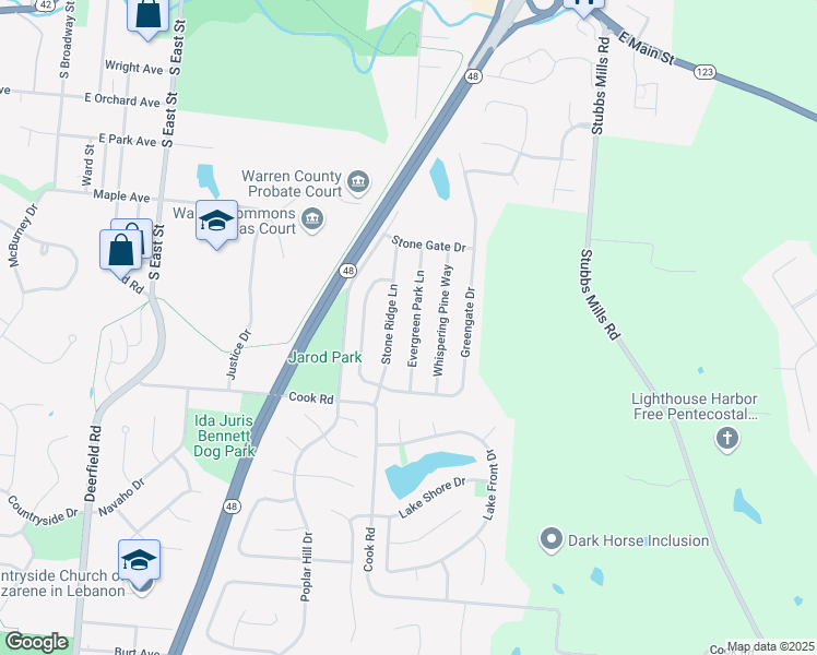 map of restaurants, bars, coffee shops, grocery stores, and more near 943 Evergreen Park Lane in Lebanon