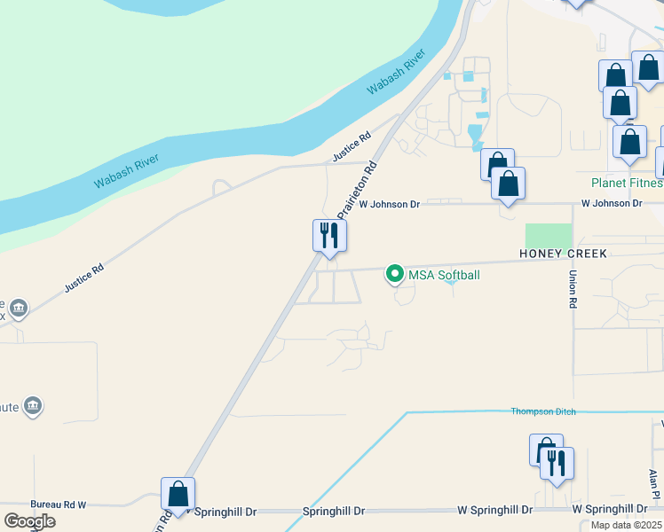 map of restaurants, bars, coffee shops, grocery stores, and more near 3704 West Jones Drive in Terre Haute