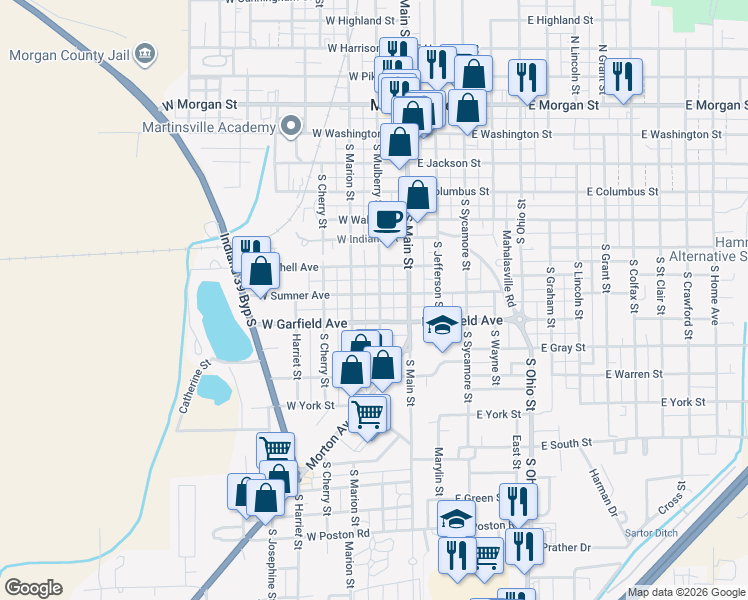 map of restaurants, bars, coffee shops, grocery stores, and more near 610 South Mulberry Street in Martinsville