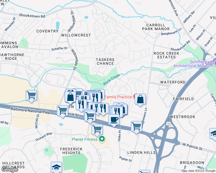 map of restaurants, bars, coffee shops, grocery stores, and more near 111 Waterland Court in Frederick