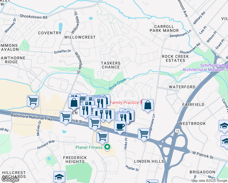 map of restaurants, bars, coffee shops, grocery stores, and more near 111 Waterland Court in Frederick