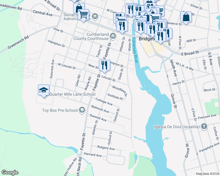 map of restaurants, bars, coffee shops, grocery stores, and more near 275 Atlantic Street in Bridgeton