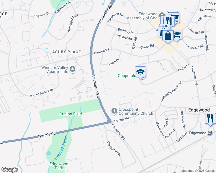 map of restaurants, bars, coffee shops, grocery stores, and more near 1902 Bellflower Court in Edgewood