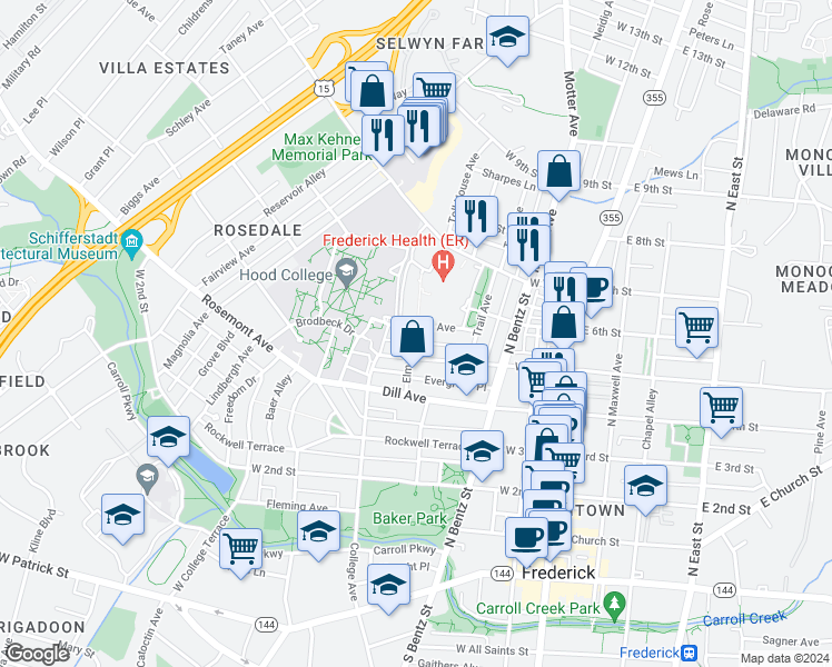 map of restaurants, bars, coffee shops, grocery stores, and more near 516 Elm Street in Frederick