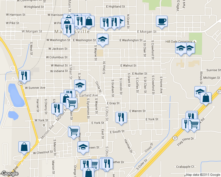 map of restaurants, bars, coffee shops, grocery stores, and more near 590 South Graham Street in Martinsville