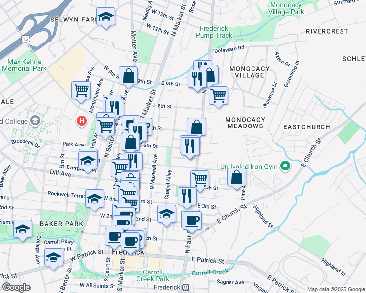 map of restaurants, bars, coffee shops, grocery stores, and more near 231 East 6th Street in Frederick
