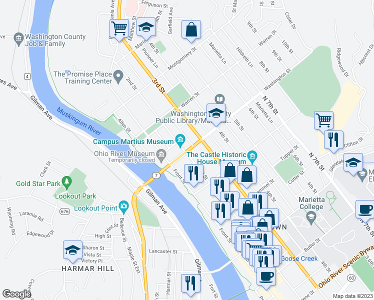 map of restaurants, bars, coffee shops, grocery stores, and more near 101 Washington Street in Marietta