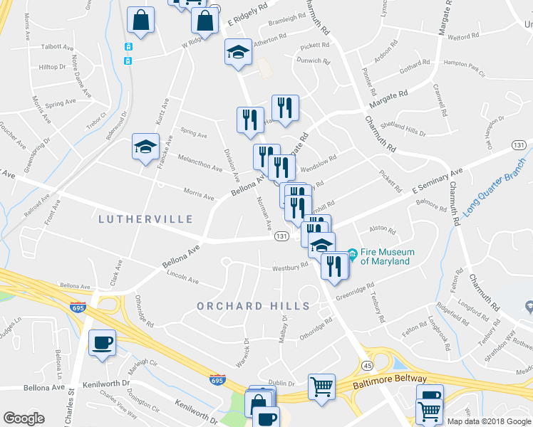 map of restaurants, bars, coffee shops, grocery stores, and more near 1511 Norman Avenue in Lutherville-Timonium