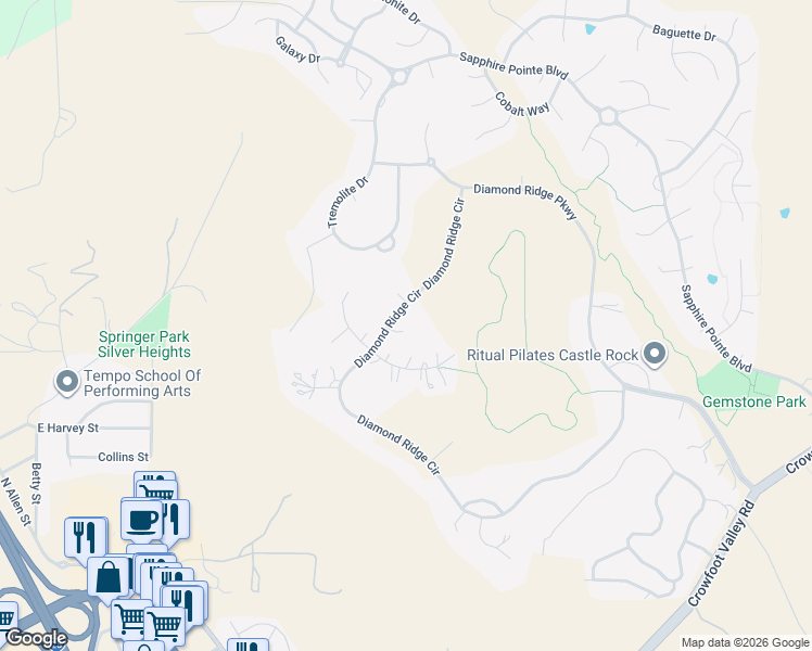 map of restaurants, bars, coffee shops, grocery stores, and more near 847 Diamond Ridge Circle in Castle Rock
