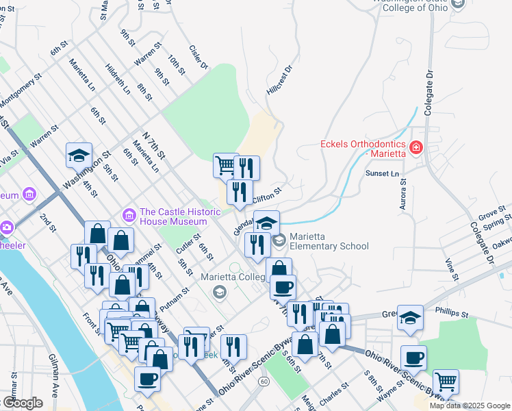 map of restaurants, bars, coffee shops, grocery stores, and more near 808 Clifton Street in Marietta