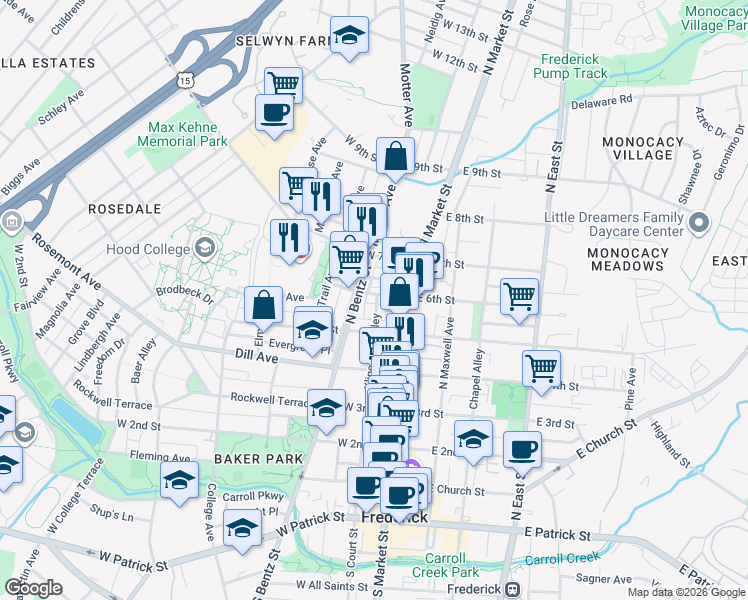 map of restaurants, bars, coffee shops, grocery stores, and more near 34 West 6th Street in Frederick
