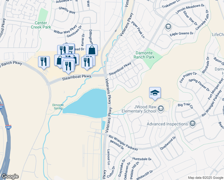 map of restaurants, bars, coffee shops, grocery stores, and more near 1700 Wind Ranch Road in Reno