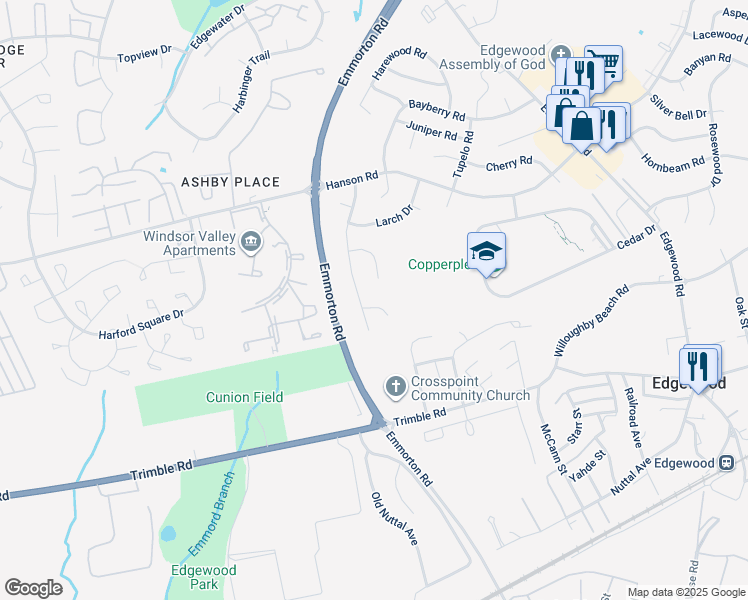 map of restaurants, bars, coffee shops, grocery stores, and more near 1902 Bellflower Court in Edgewood