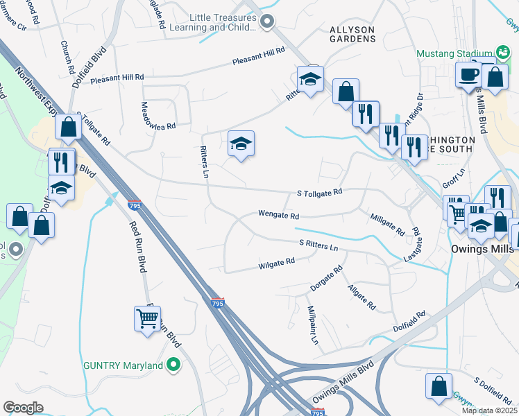 map of restaurants, bars, coffee shops, grocery stores, and more near 110 Wengate Road in Owings Mills