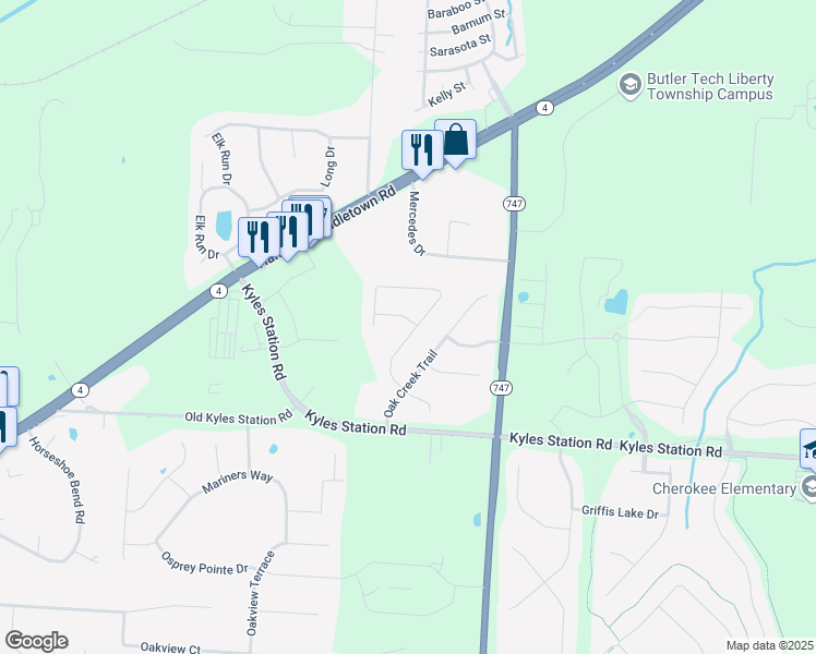 map of restaurants, bars, coffee shops, grocery stores, and more near 4721 Springwood Court in Butler County
