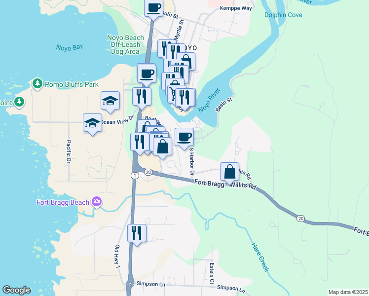 map of restaurants, bars, coffee shops, grocery stores, and more near 19160 South Harbor Drive in Fort Bragg