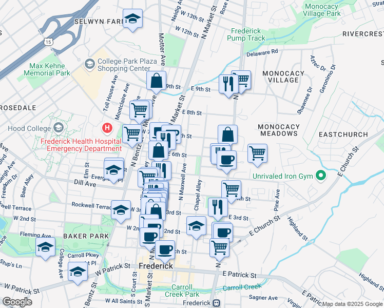map of restaurants, bars, coffee shops, grocery stores, and more near 113A East 6th Street in Frederick