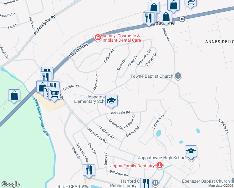 map of restaurants, bars, coffee shops, grocery stores, and more near 409A Trimble Road in Harford County