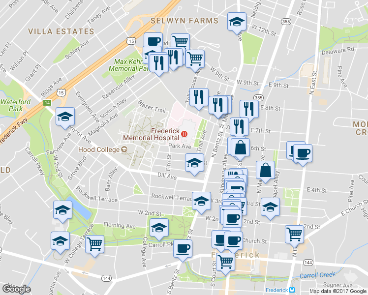 map of restaurants, bars, coffee shops, grocery stores, and more near 336 Park Avenue in Frederick