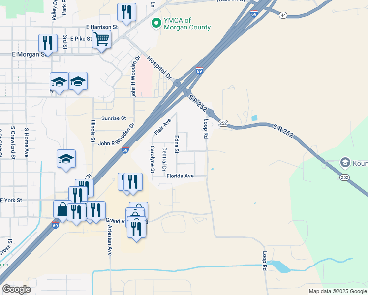 map of restaurants, bars, coffee shops, grocery stores, and more near 2240 Crestview Drive in Martinsville