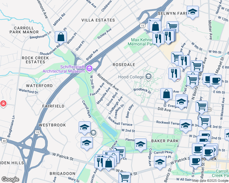 map of restaurants, bars, coffee shops, grocery stores, and more near 700 Rosemont Avenue in Frederick