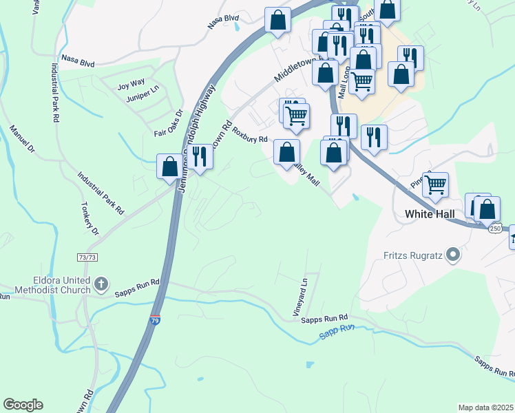 map of restaurants, bars, coffee shops, grocery stores, and more near 106 Patio Drive in Fairmont