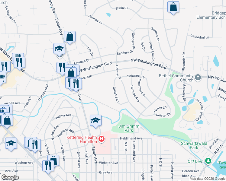 map of restaurants, bars, coffee shops, grocery stores, and more near 141 Gregory Lane in Hamilton