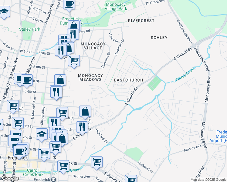 map of restaurants, bars, coffee shops, grocery stores, and more near 952 Holden Road in Frederick