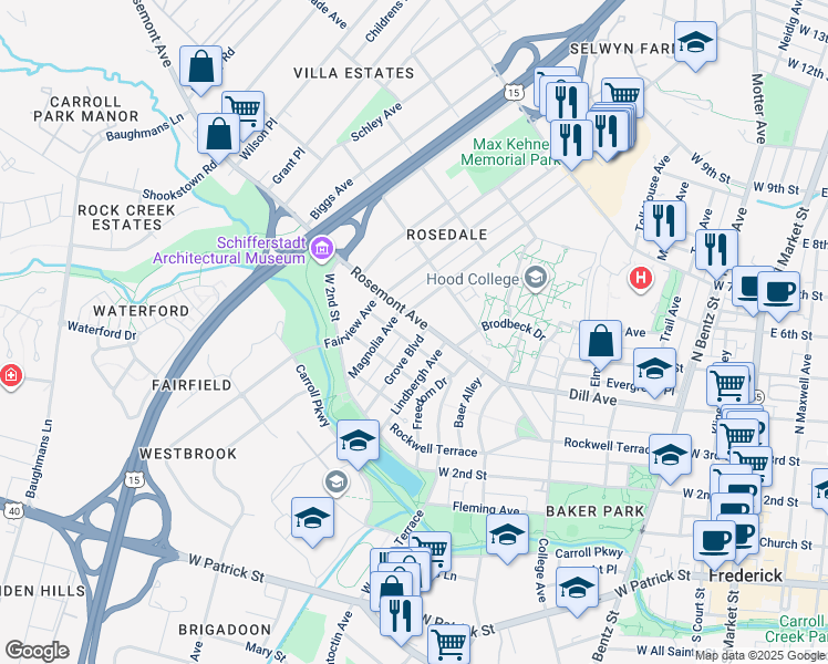 map of restaurants, bars, coffee shops, grocery stores, and more near 700 Rosemont Avenue in Frederick