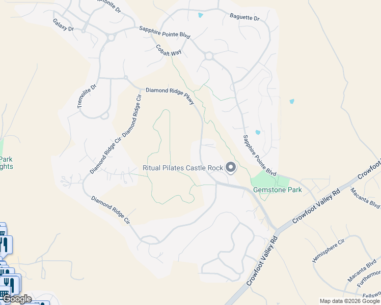 map of restaurants, bars, coffee shops, grocery stores, and more near 6329 Diamond Ridge Parkway in Castle Rock