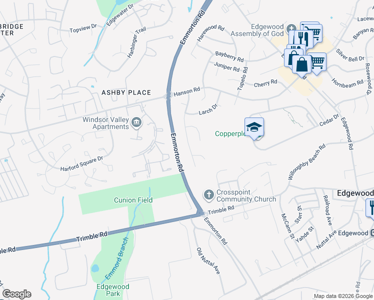 map of restaurants, bars, coffee shops, grocery stores, and more near 614 Boxelder Drive in Edgewood