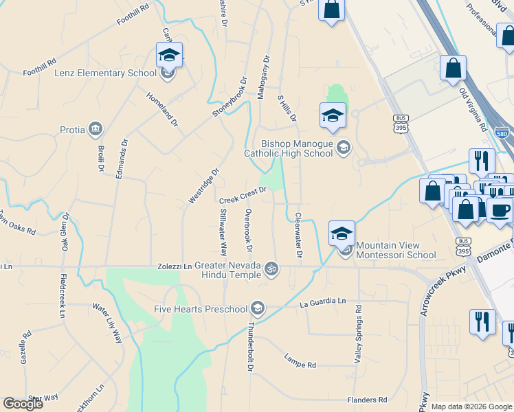 map of restaurants, bars, coffee shops, grocery stores, and more near 12480 Overbrook Drive in Reno