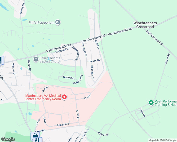 map of restaurants, bars, coffee shops, grocery stores, and more near 289 Bittinger Court in Martinsburg