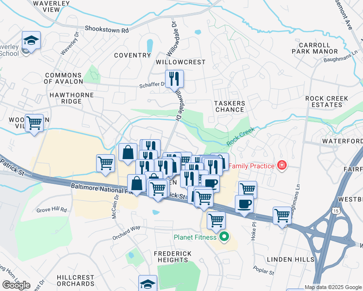 map of restaurants, bars, coffee shops, grocery stores, and more near 150 Willowdale Drive in Frederick