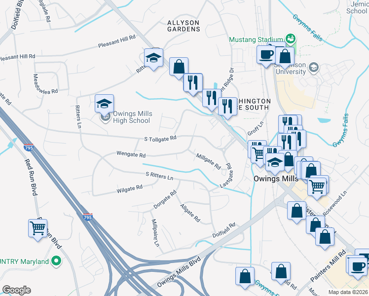 map of restaurants, bars, coffee shops, grocery stores, and more near 8 Wengate Road in Owings Mills