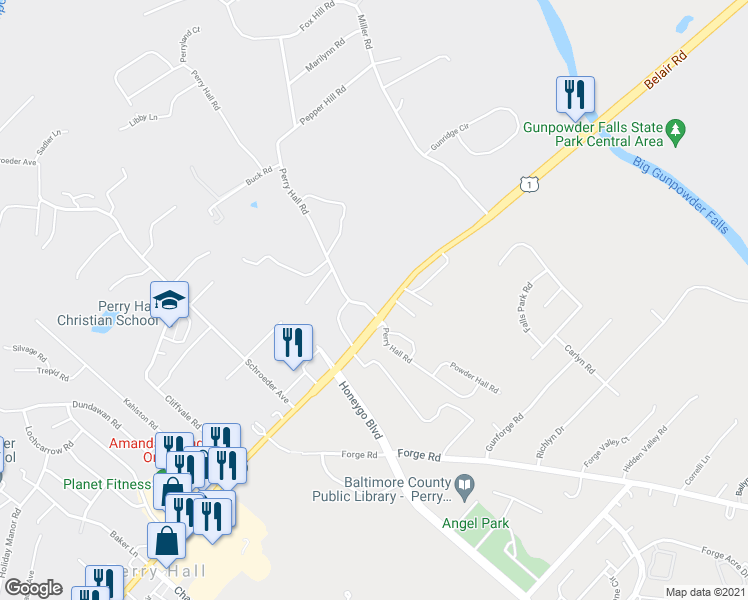 map of restaurants, bars, coffee shops, grocery stores, and more near 9906 Belair Road in Kingsville