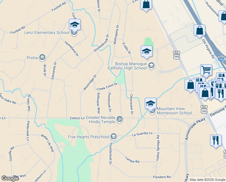 map of restaurants, bars, coffee shops, grocery stores, and more near 12480 Overbrook Drive in Reno