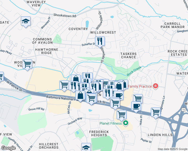 map of restaurants, bars, coffee shops, grocery stores, and more near 121 Willowdale Drive in Frederick