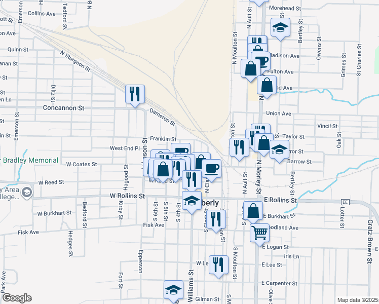 map of restaurants, bars, coffee shops, grocery stores, and more near 300-398 N Williams St in Moberly