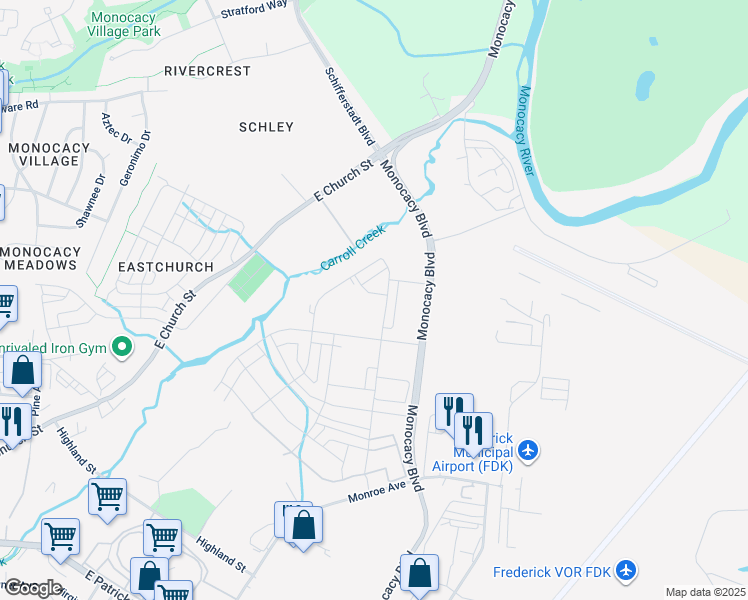 map of restaurants, bars, coffee shops, grocery stores, and more near 820 Creekway Drive in Frederick