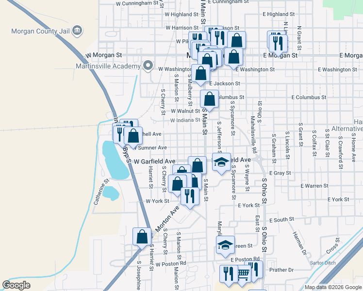 map of restaurants, bars, coffee shops, grocery stores, and more near 610 South Mulberry Street in Martinsville