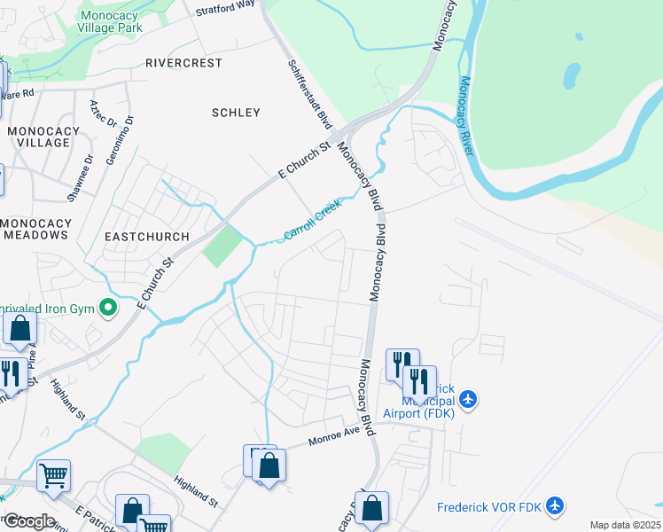 map of restaurants, bars, coffee shops, grocery stores, and more near 820 Creekway Drive in Frederick