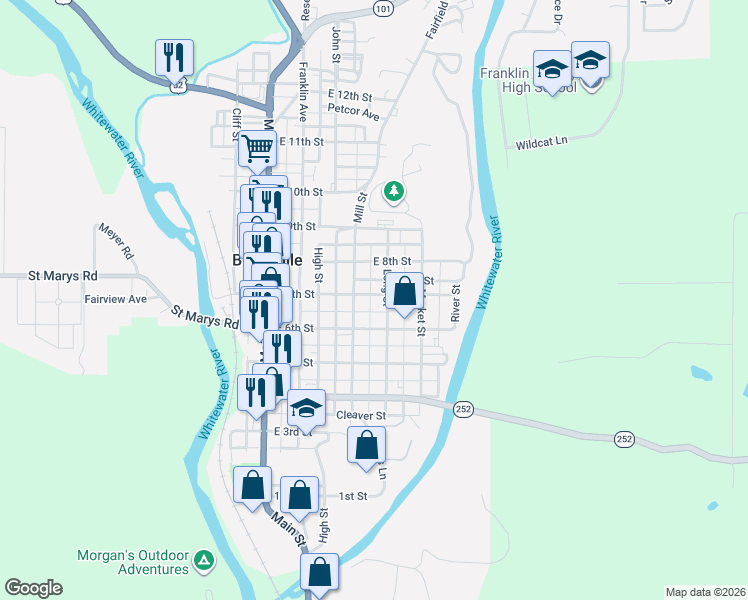 map of restaurants, bars, coffee shops, grocery stores, and more near 623 Long Street in Brookville
