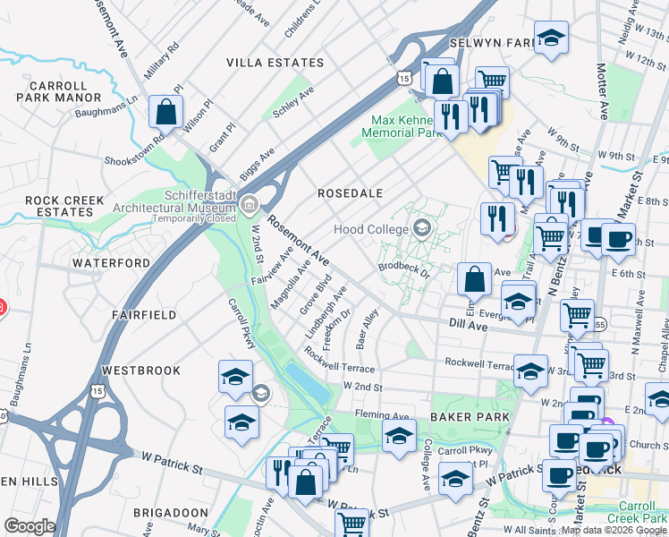 map of restaurants, bars, coffee shops, grocery stores, and more near 702 Rosemont Avenue in Frederick